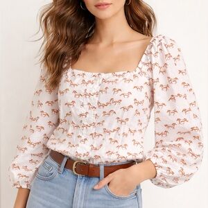 Little Moon Horse Print Puff Sleeve Blouse Womens M Cottagecore Western